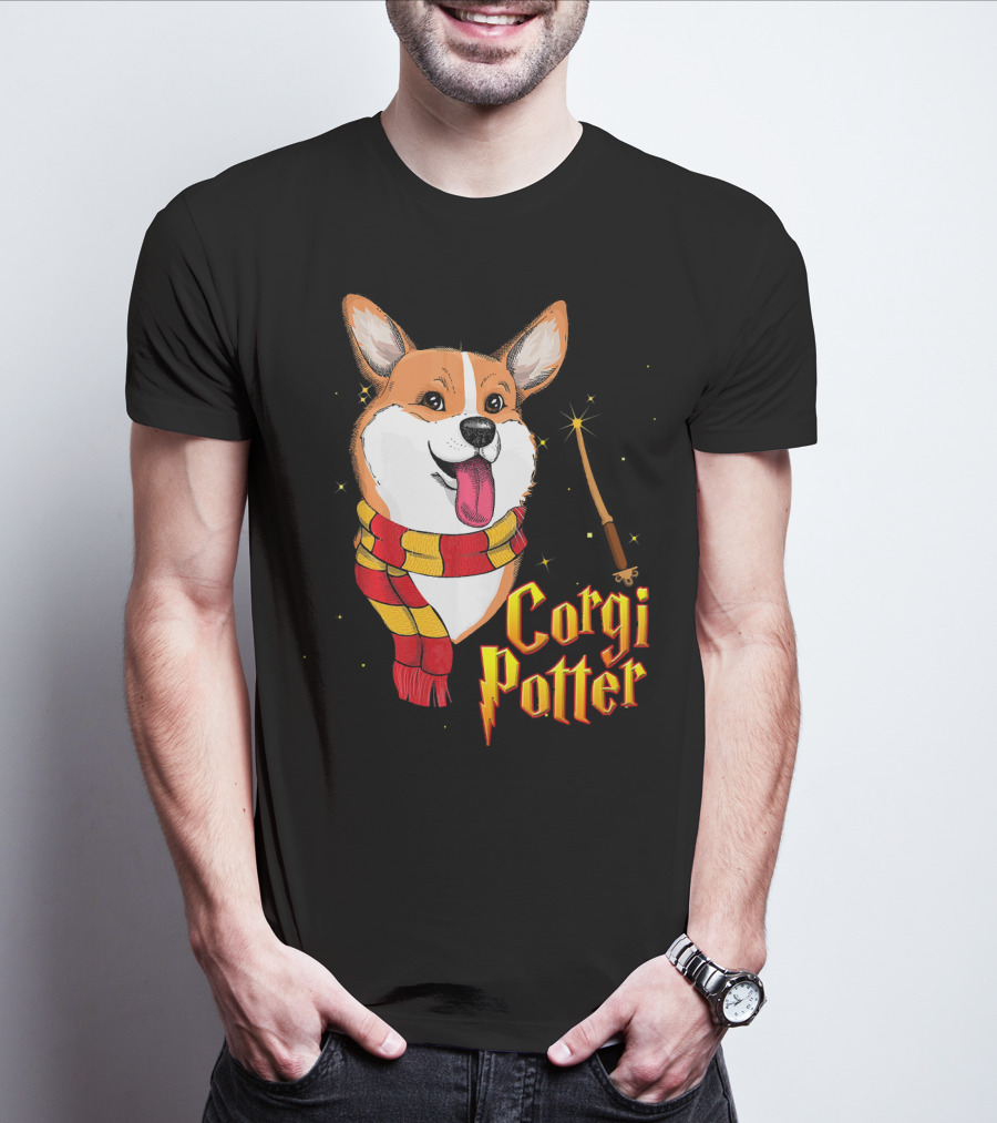 Corgi Potter Cute Harry Pawter Dog With Scarf And Wand T-Shirt