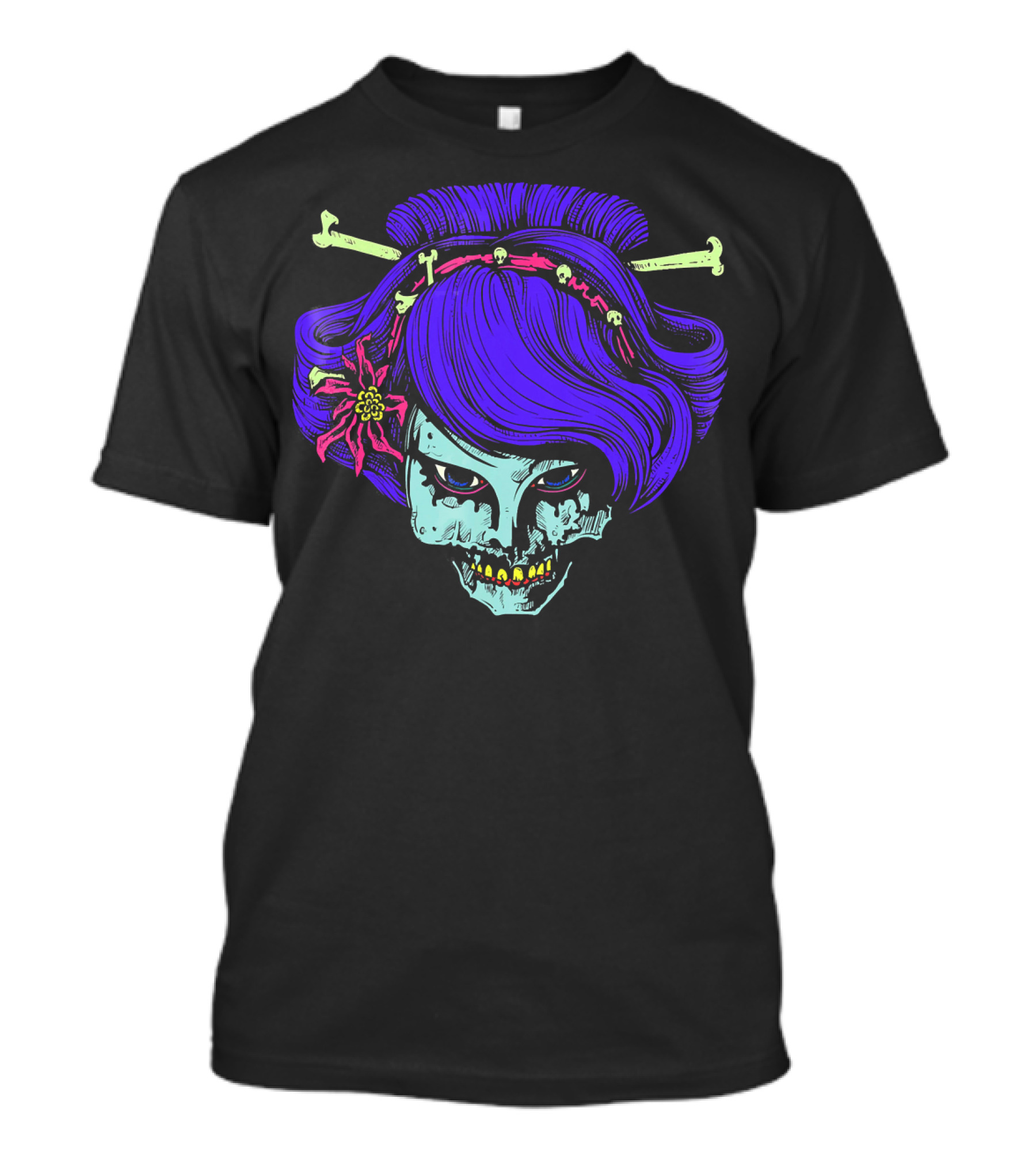 Zombie Geisha Skull With Purple Hair And Bone Hairpins T-Shirt
