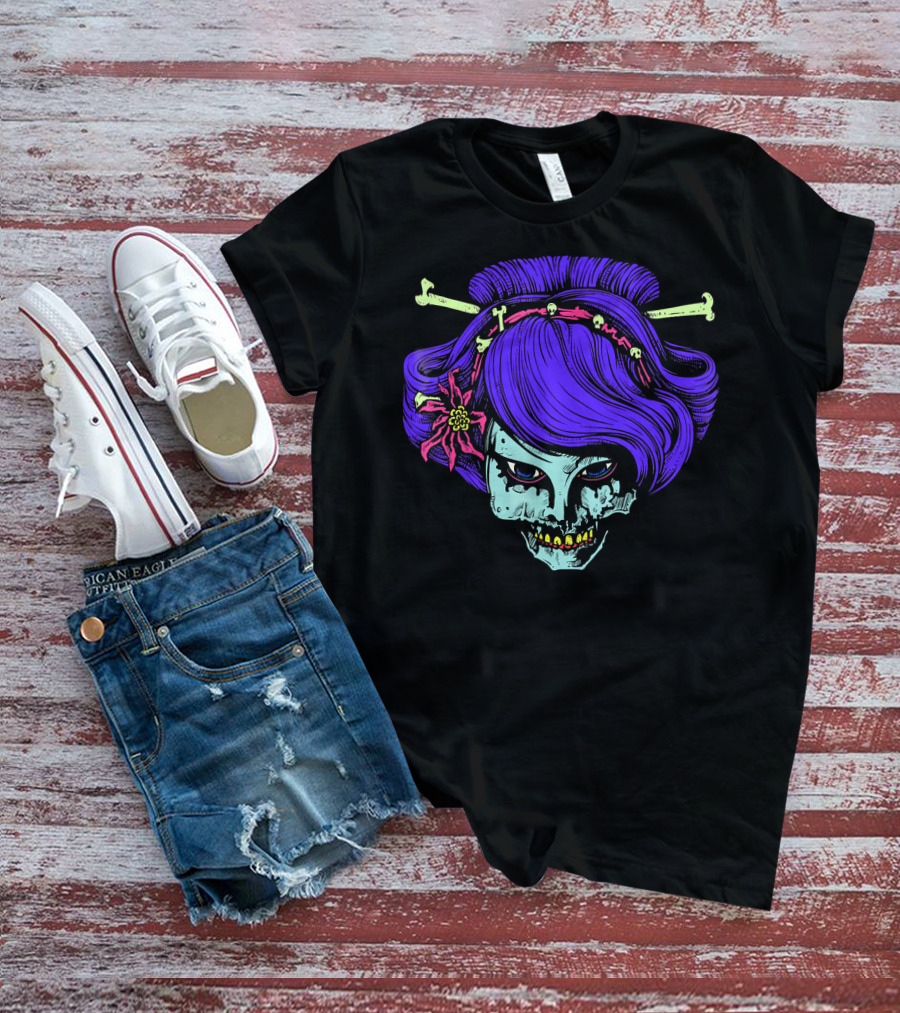 Zombie Geisha Skull With Purple Hair And Bone Hairpins T-Shirt