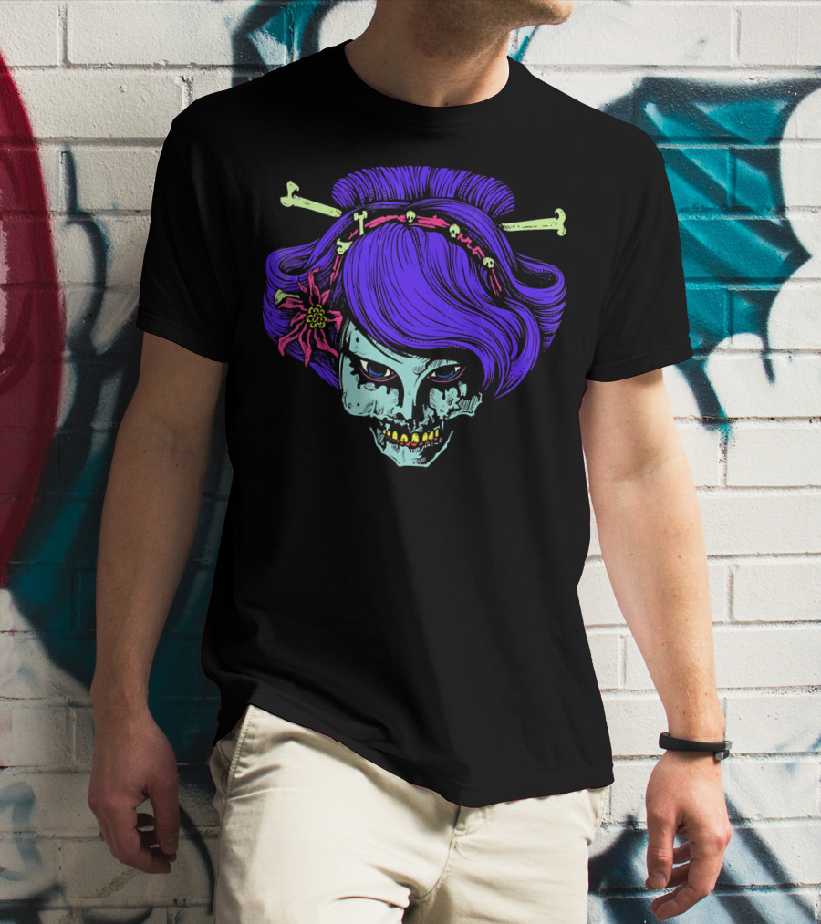 Zombie Geisha Skull With Purple Hair And Bone Hairpins T-Shirt