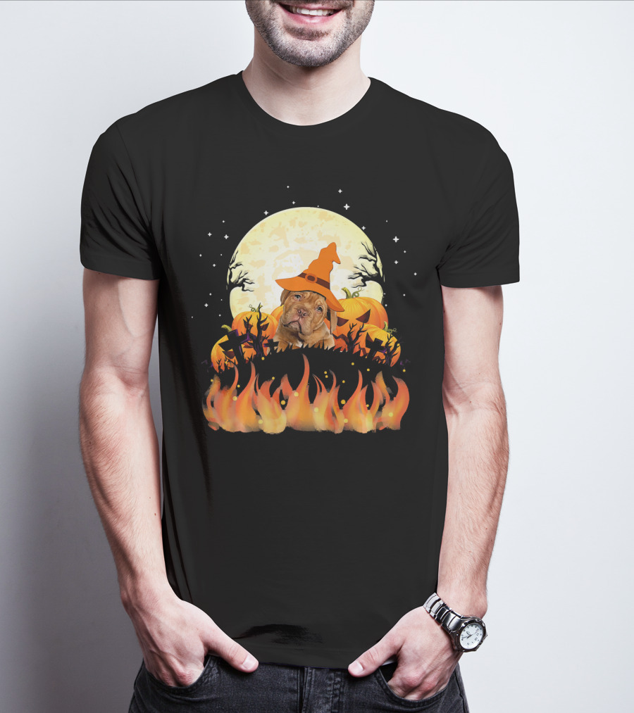 Dogue De Bordeaux Dog Lovers Halloween Full Moon Witch Hat Pumpkin Fire Scene T-Shirt