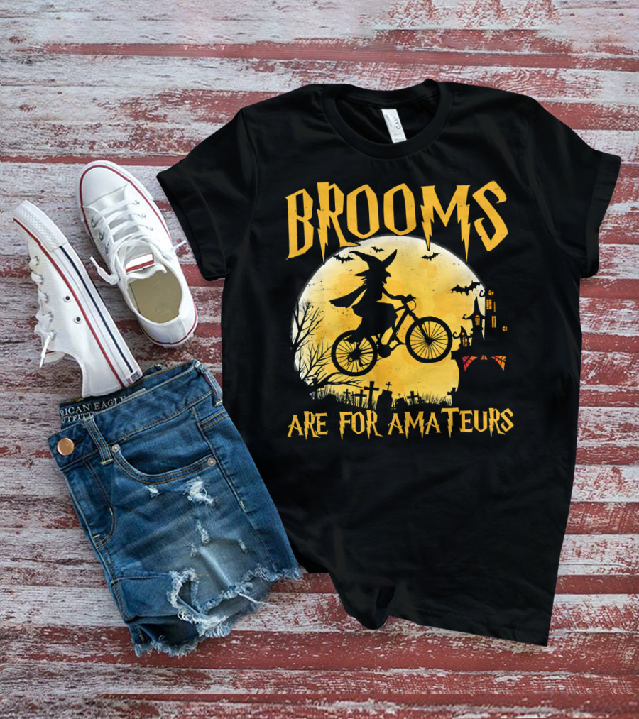 Brooms Are For Amateurs Witch Flying Bike Silhouette Halloween Moon Graveyard T-Shirt