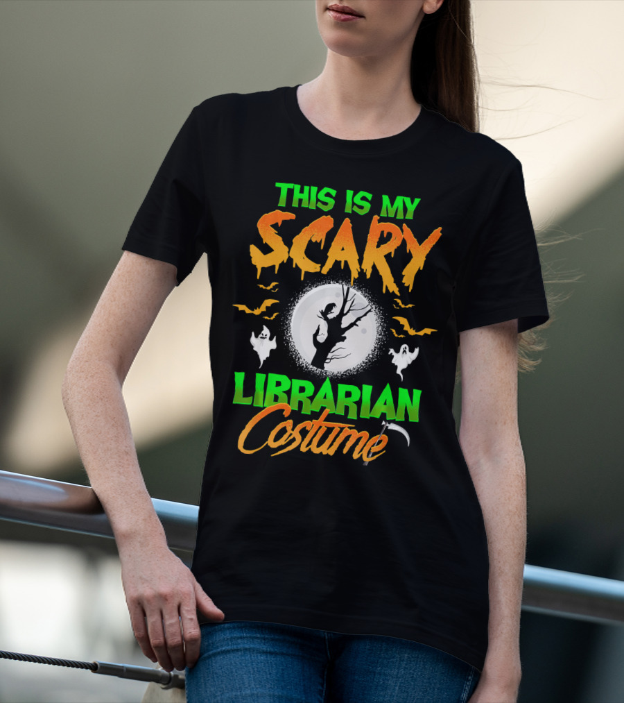 This Is My Scary Librarian Costume Ghosts Bats Moon Grim Reaper Scythe T-Shirt