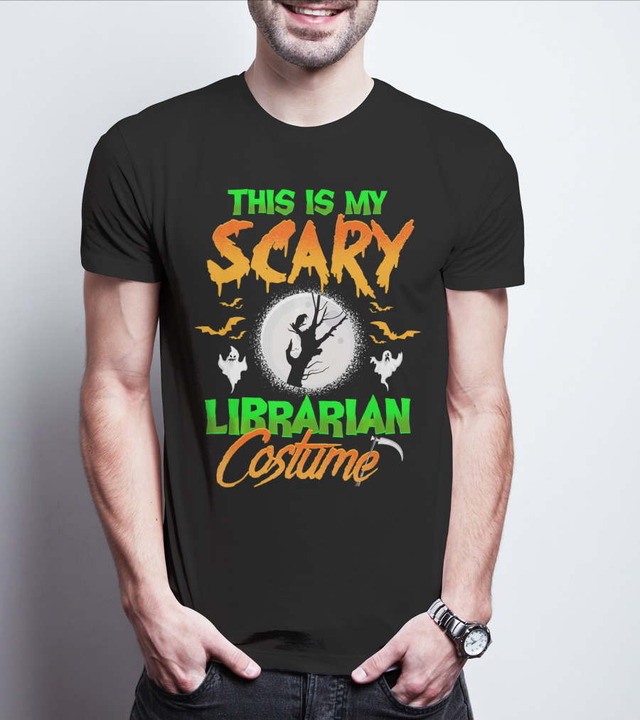 This Is My Scary Librarian Costume Ghosts Bats Moon Grim Reaper Scythe T-Shirt