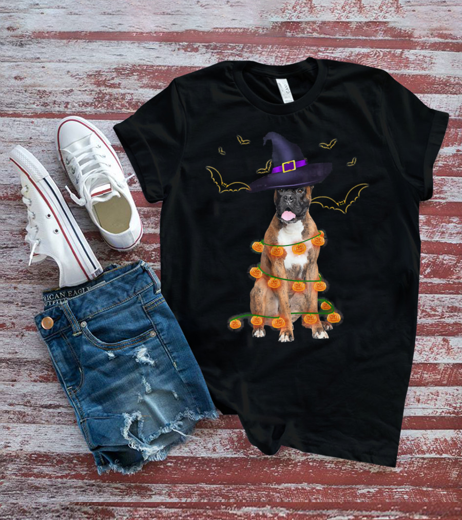 Halloween Boxer Dog Pumpkin Lights Witch Hat Fun T-Shirt