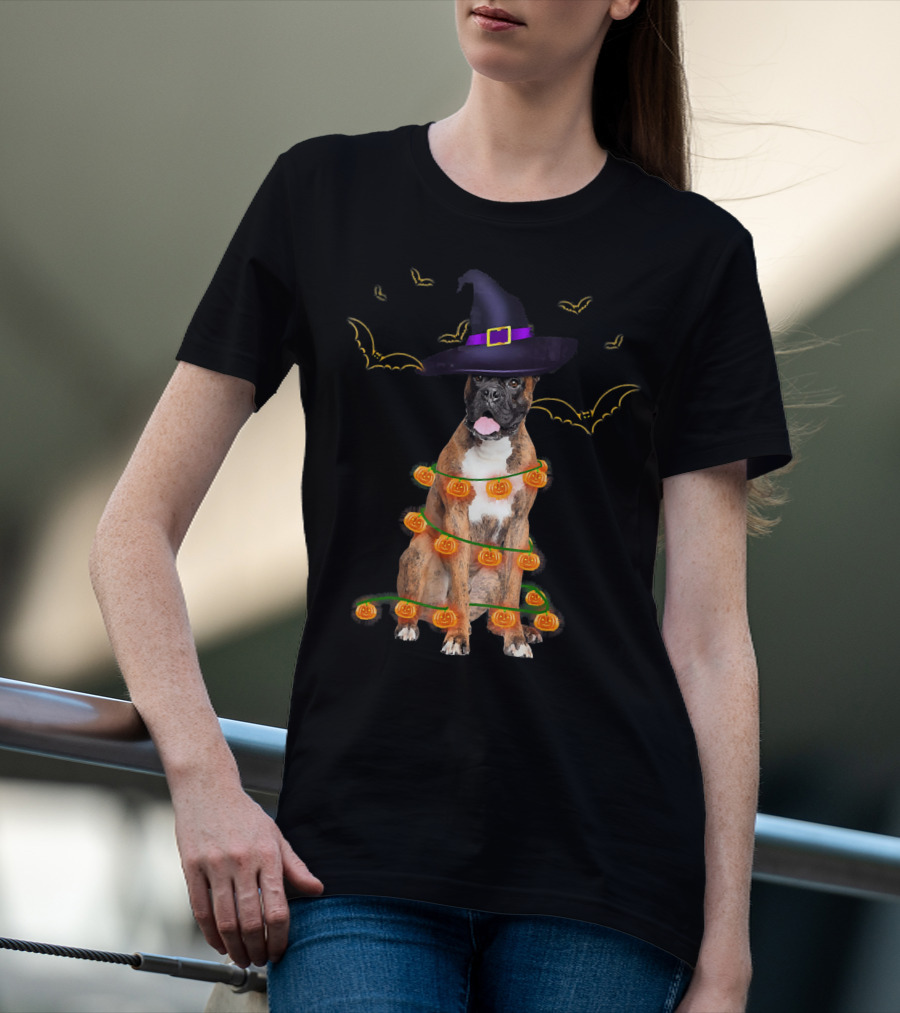 Halloween Boxer Dog Pumpkin Lights Witch Hat Fun T-Shirt