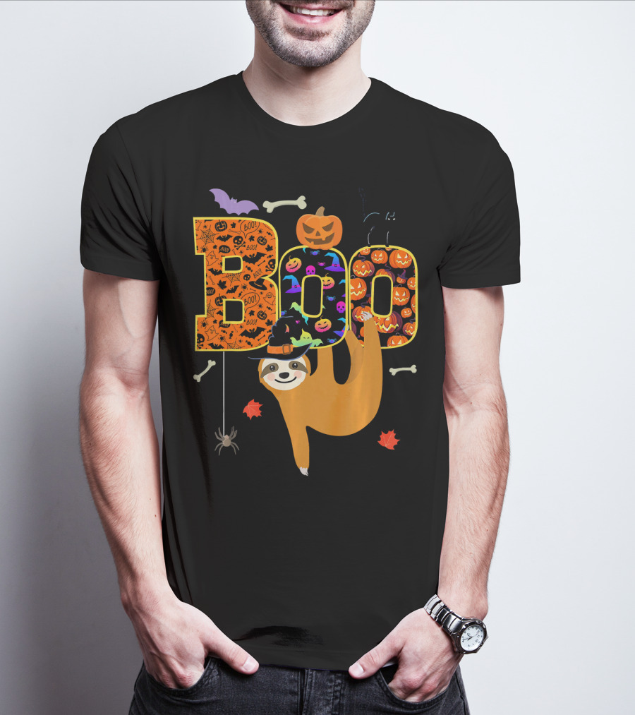 Boo Halloween Sloth With Witch Hat Pumpkins And Spider T-Shirt