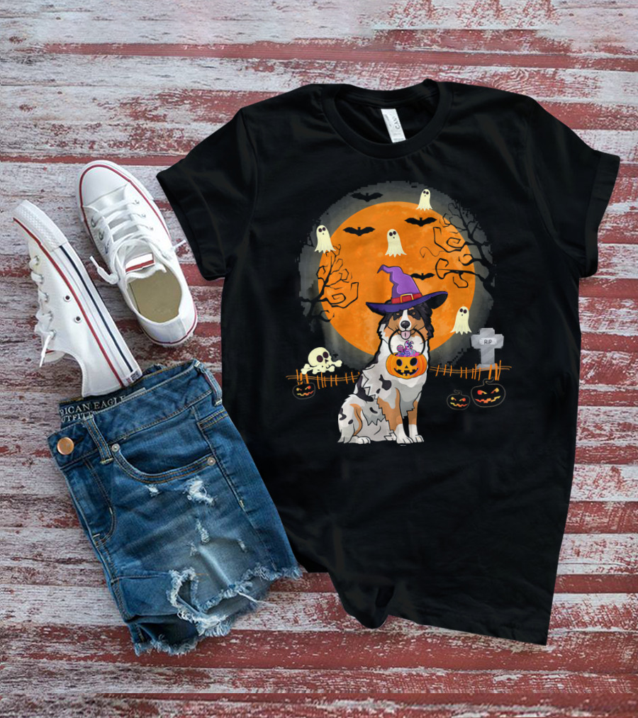 Australian Shepherd Dog Halloween Witch Pumpkin And Ghosts T-Shirt