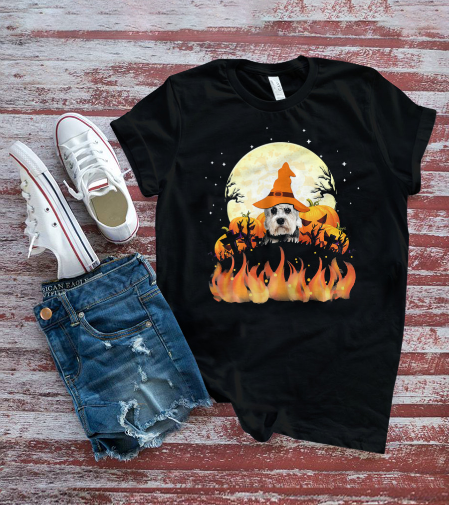 Halloween Dandie Dinmont Terrier Witch Dog Lovers Moon And Pumpkin Scene T-Shirt