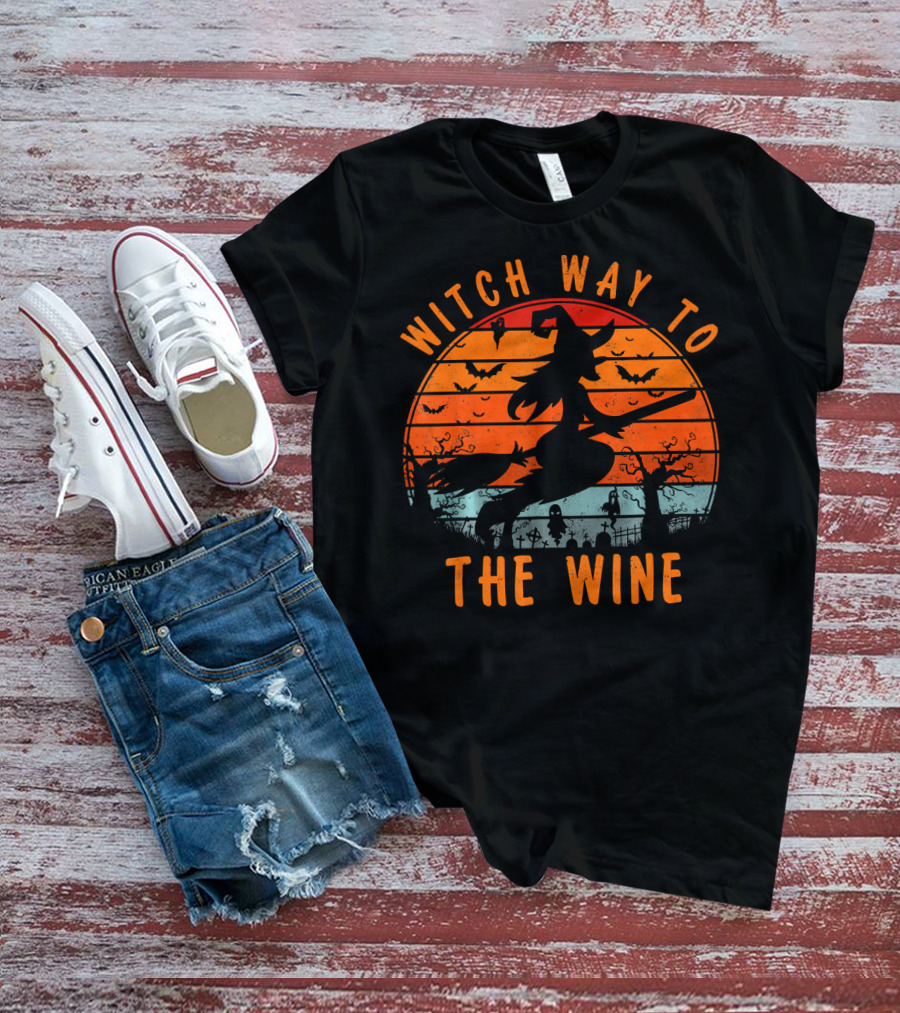 Witch Way To The Wine Halloween Spooky Bats Sunset T-Shirt