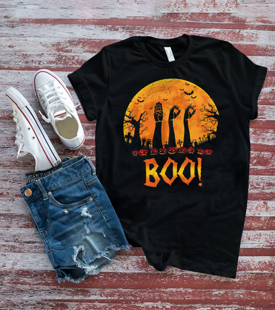 BOO ASL Sign Language With Zombie Hands And Spooky Halloween Moon T-Shirt