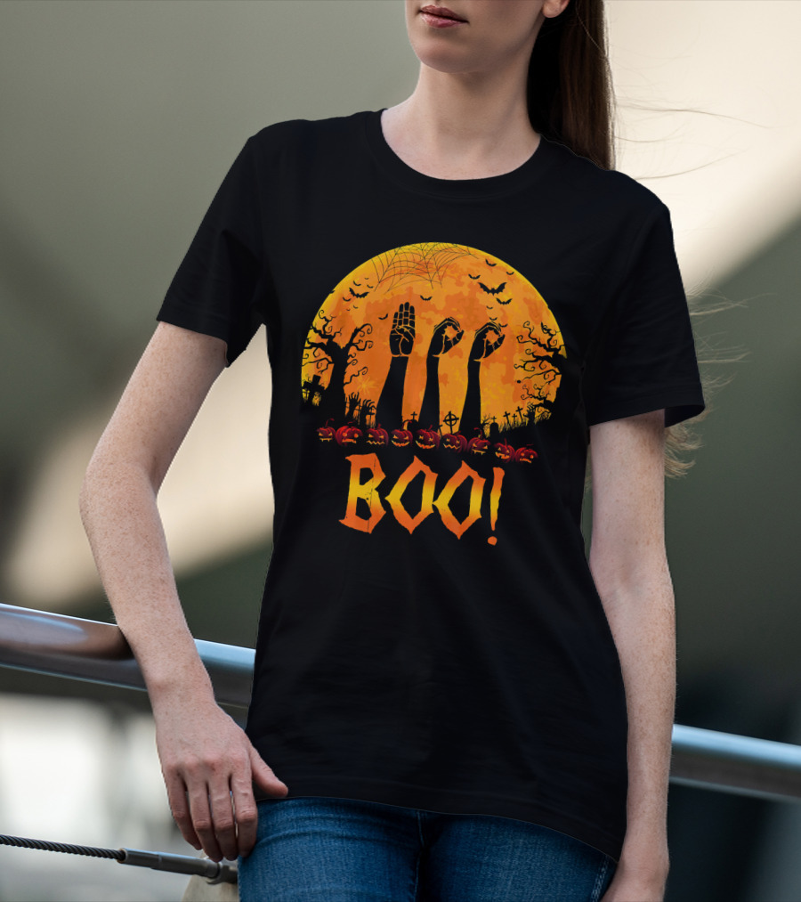 BOO ASL Sign Language With Zombie Hands And Spooky Halloween Moon T-Shirt