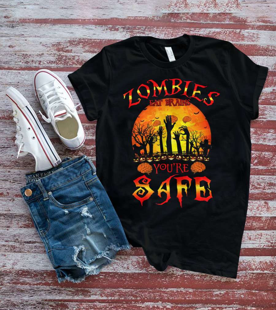 Zombies Eat Brains You're Safe Halloween Rising Hands And Brains Silhouette Sunset T-Shirt