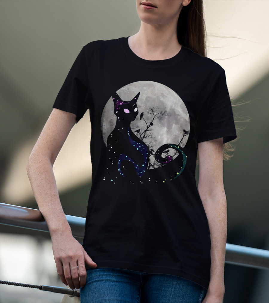 Halloween Cat Scary Black Cat Gothic Full Moon Night Sky T-Shirt