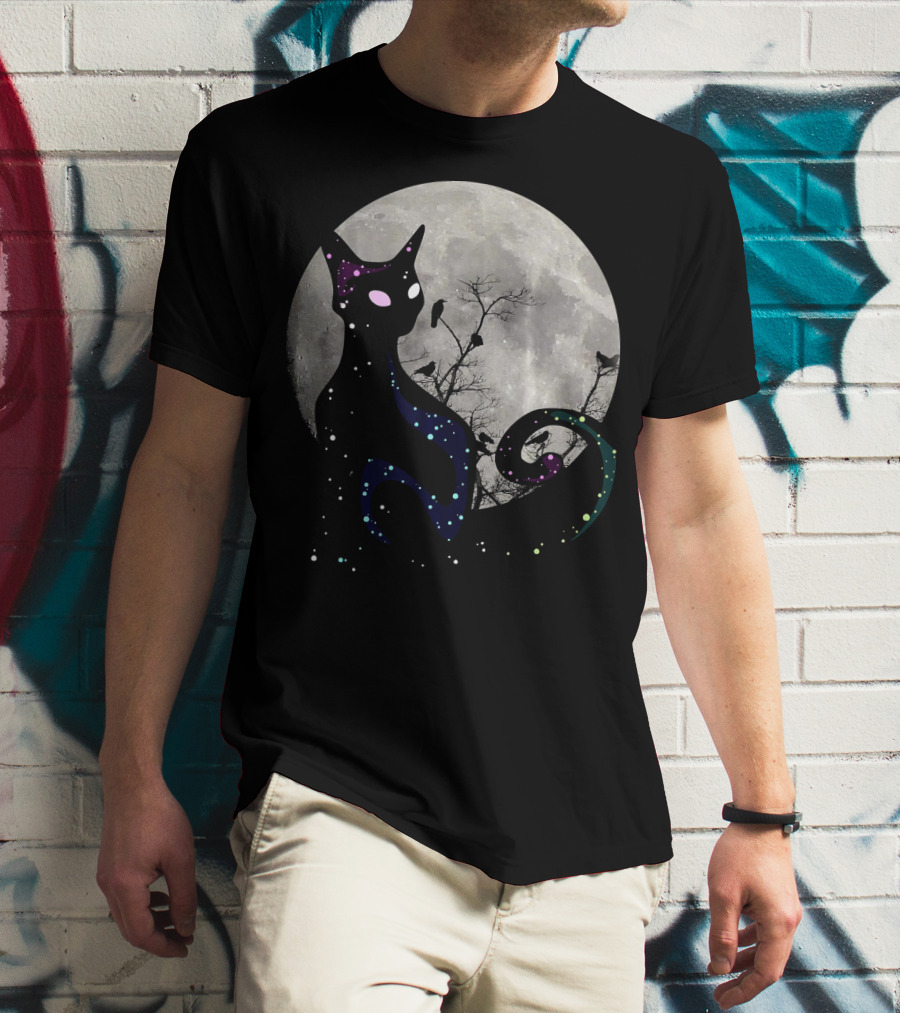 Halloween Cat Scary Black Cat Gothic Full Moon Night Sky T-Shirt