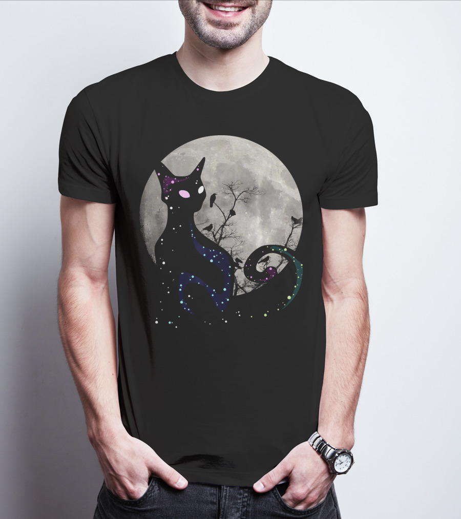 Halloween Cat Scary Black Cat Gothic Full Moon Night Sky T-Shirt