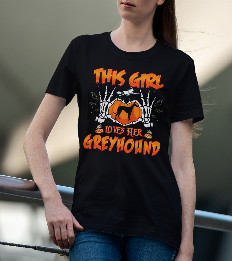 This Girl Loves Her Greyhound Skeleton Halloween Pumpkin T-Shirt