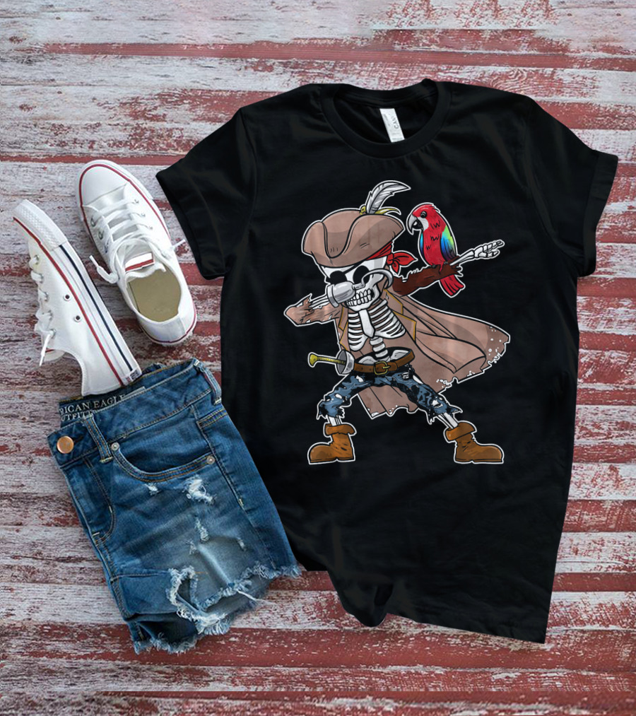 Skeleton Pirate Dabbing With Parrot And Sword T-Shirt