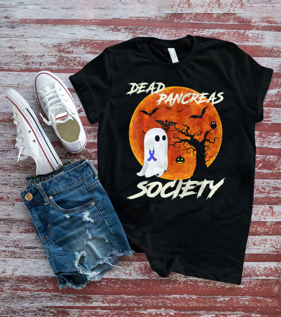 Dead Pancreas Society Ghost Halloween Moon Bats Pumpkin T-Shirt