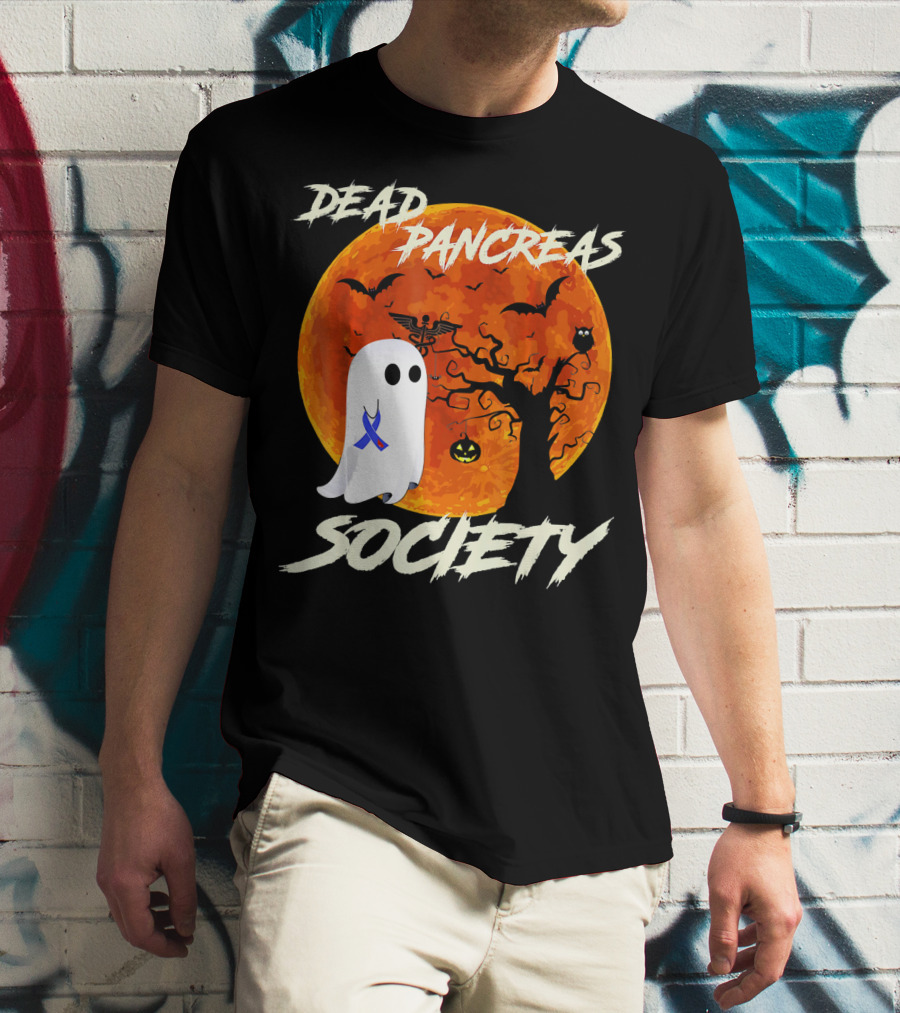 Dead Pancreas Society Ghost Halloween Moon Bats Pumpkin T-Shirt