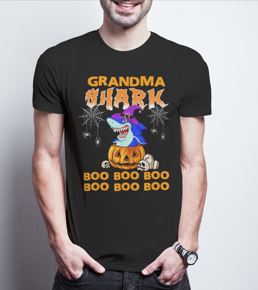 Grandma Shark Halloween Boo Boo Pumpkin Spider Webs T-Shirt