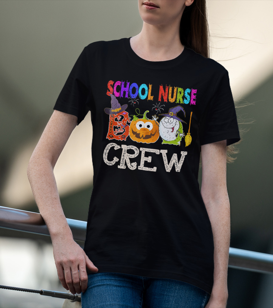 School Nurse Boo Crew Halloween Pumpkin Ghost Witches Hat Broom T-Shirt