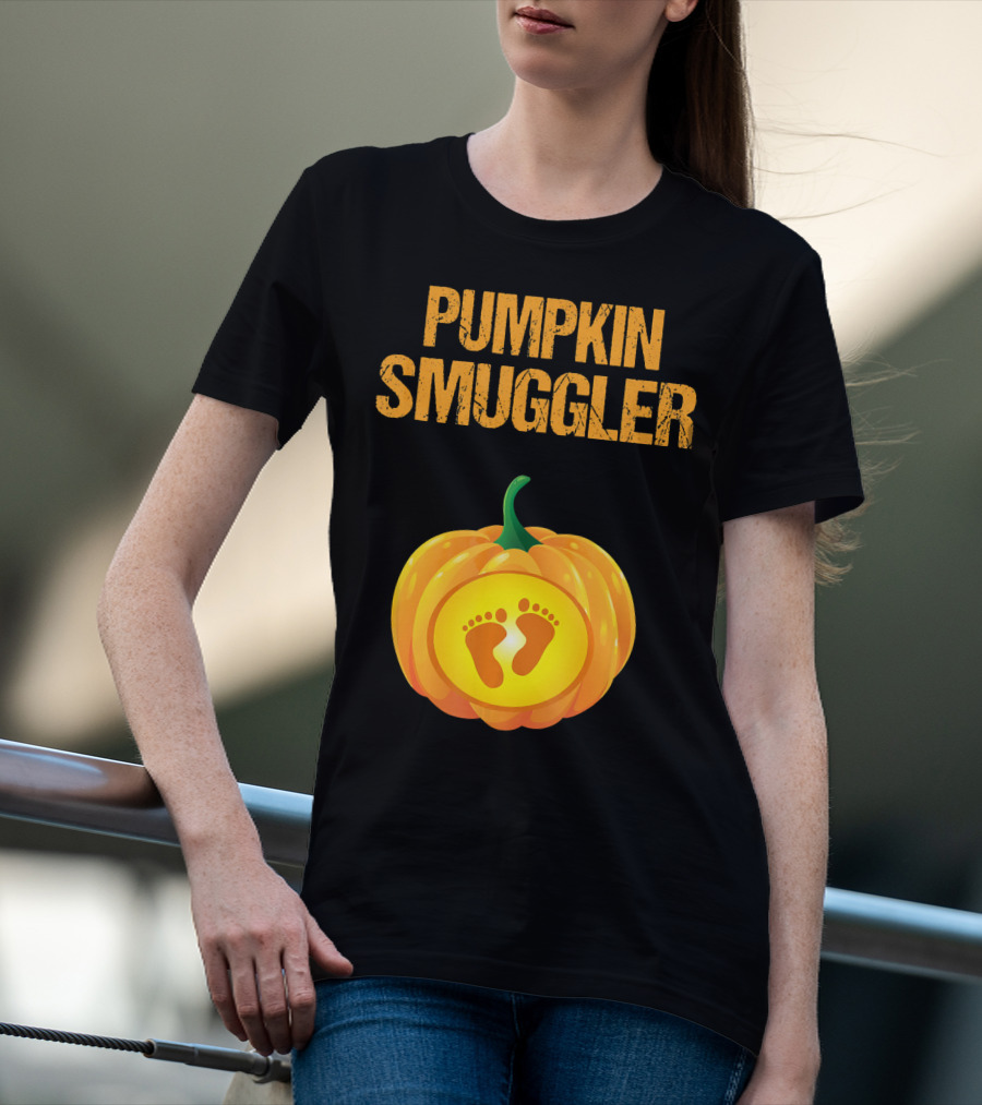 Pumpkin Smuggler Pregnancy Announcement With Baby Footprints T-Shirt
