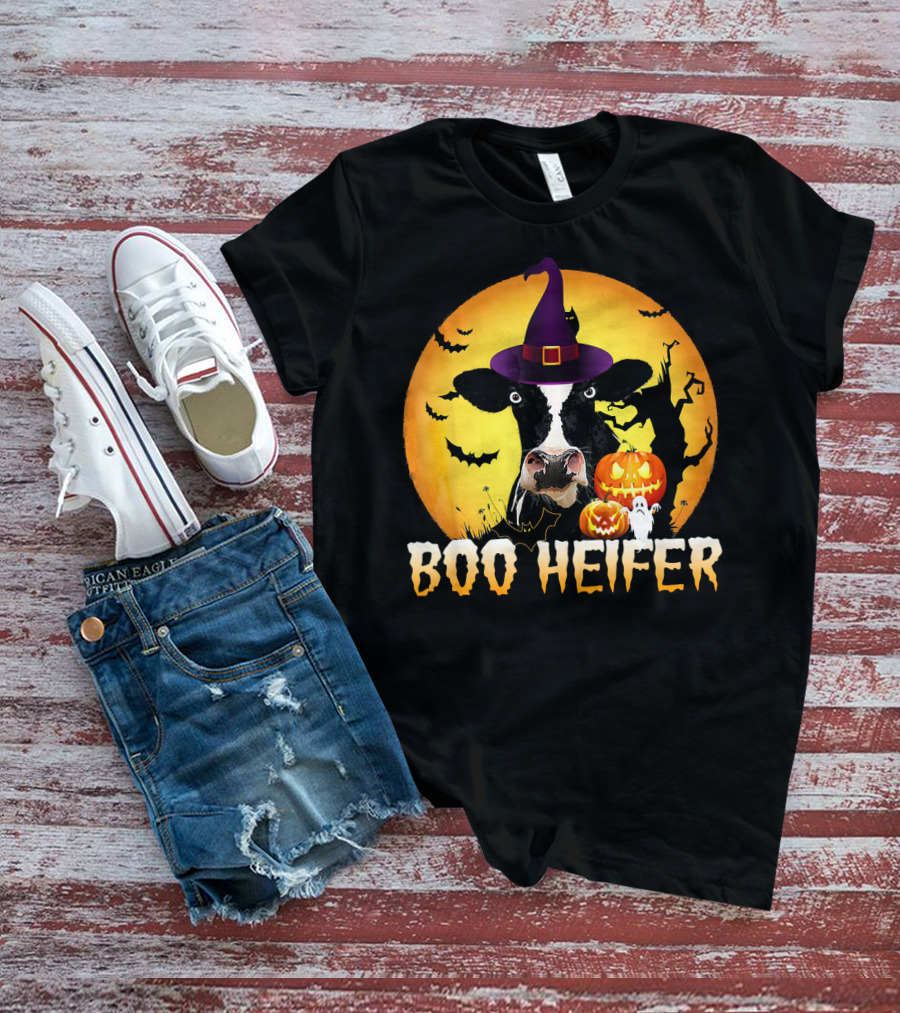 Boo Heifer Witch Hat Cow Halloween Moon Pumpkins Ghost T-Shirt
