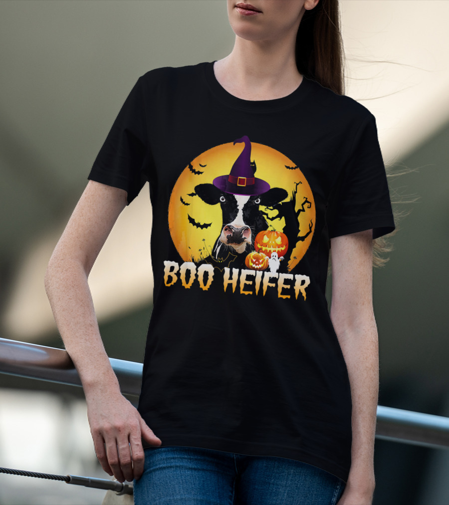 Boo Heifer Witch Hat Cow Halloween Moon Pumpkins Ghost T-Shirt