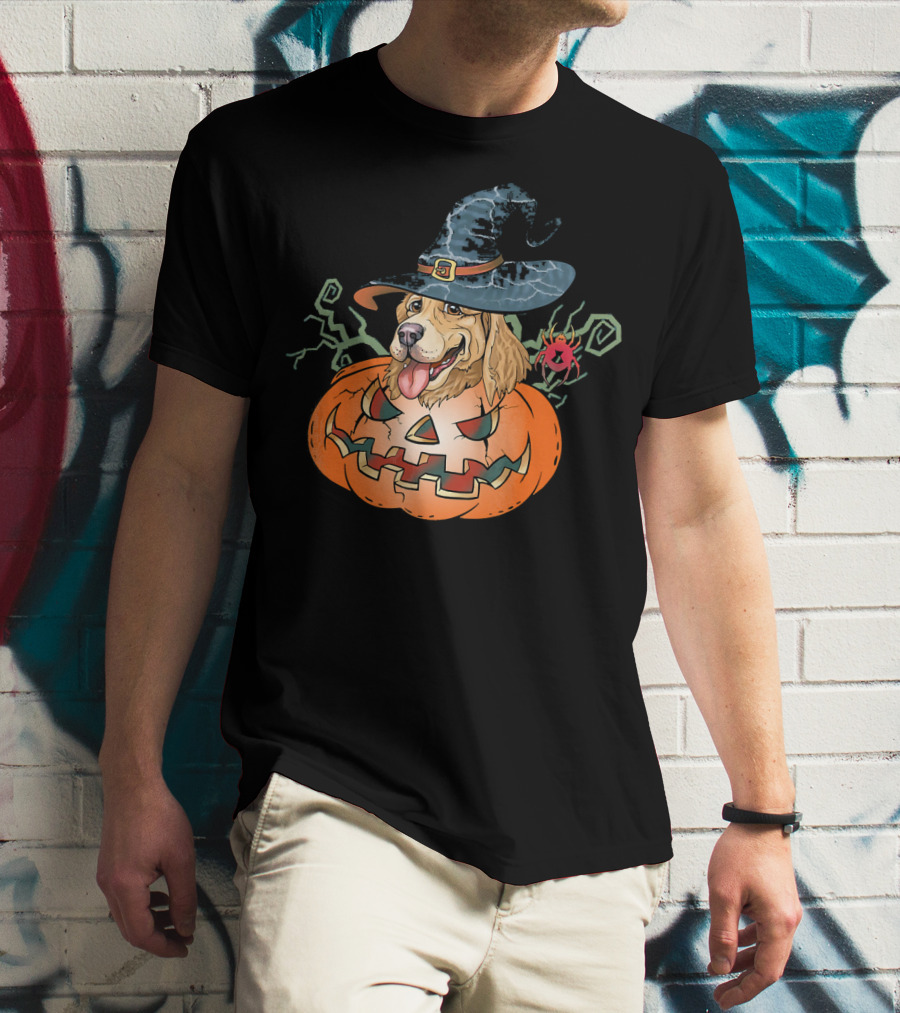 Halloween Golden Retriever Dog Lover Pumpkin Wizard Hat And Spider T-Shirt
