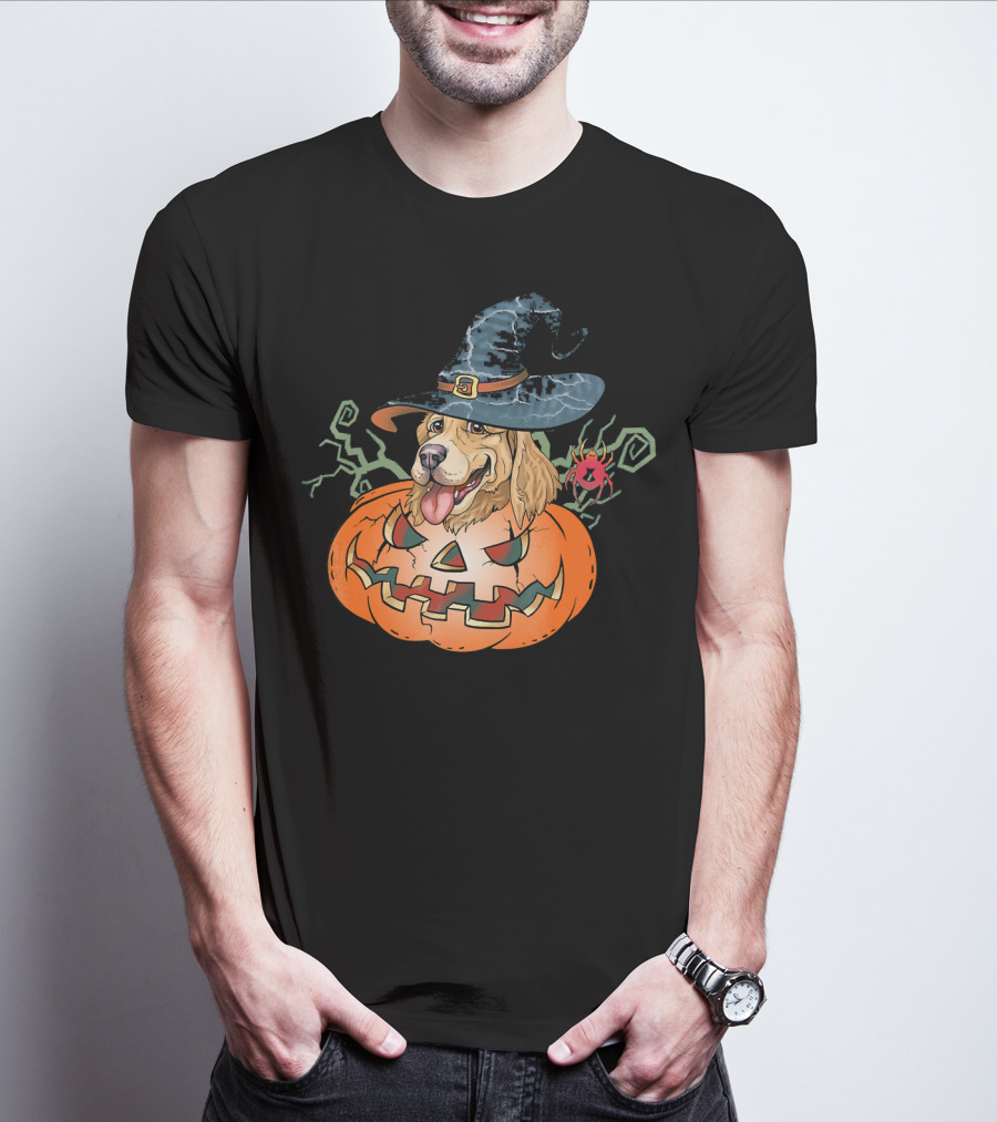 Halloween Golden Retriever Dog Lover Pumpkin Wizard Hat And Spider T-Shirt