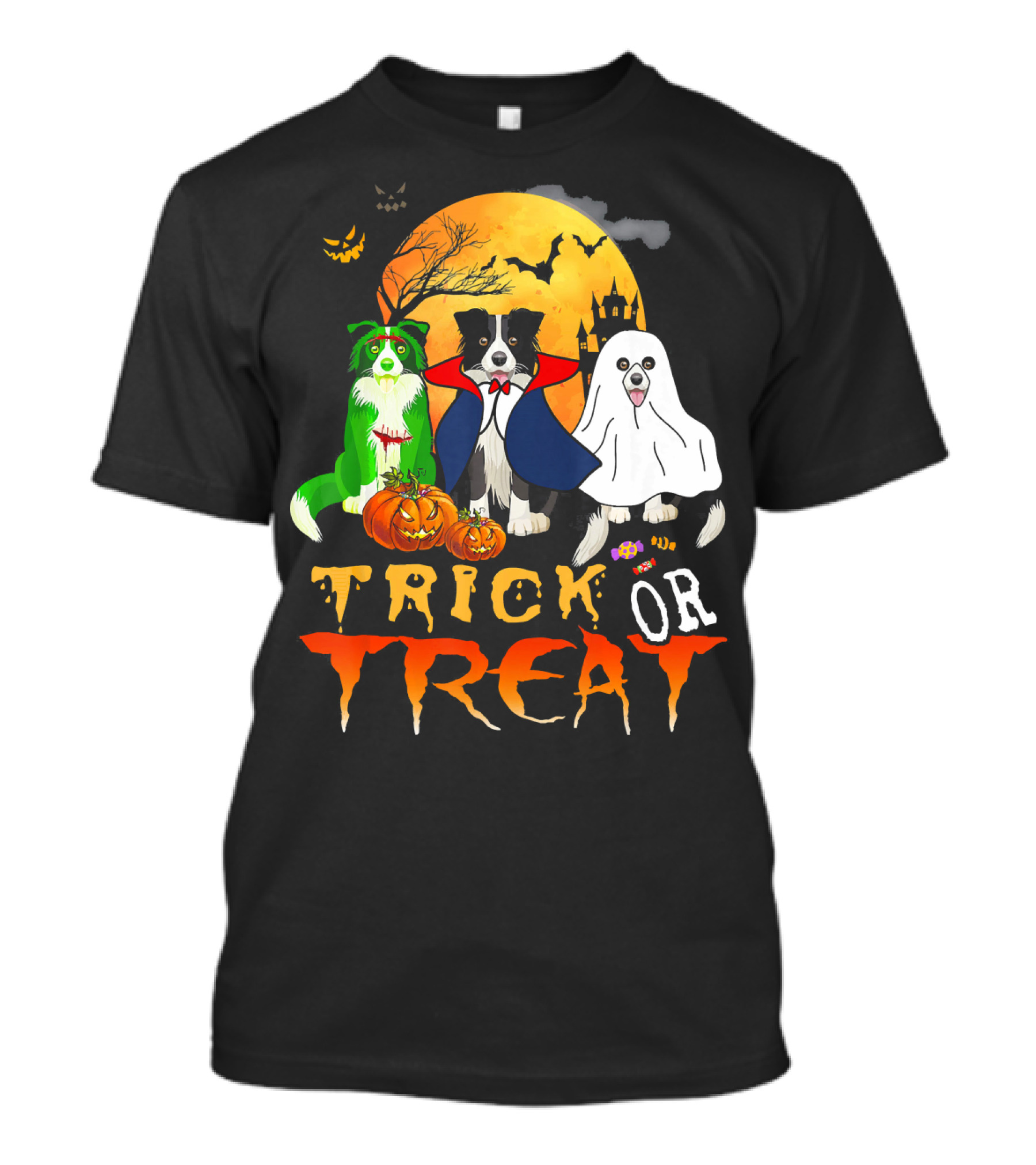 Trick Or Treat Halloween Border Collie Costumes Pumpkins Haunted Moon T-Shirt