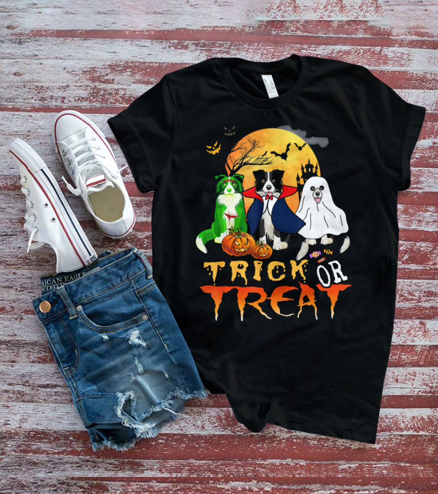 Trick Or Treat Halloween Border Collie Costumes Pumpkins Haunted Moon T-Shirt