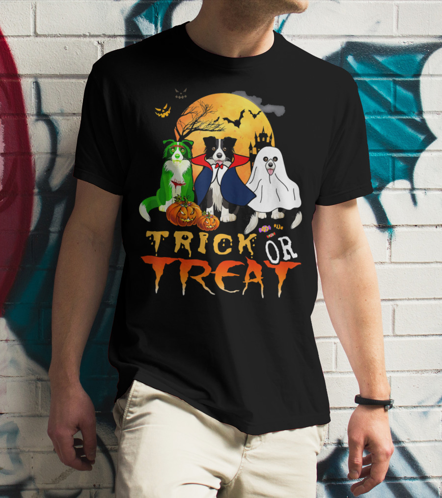 Trick Or Treat Halloween Border Collie Costumes Pumpkins Haunted Moon T-Shirt