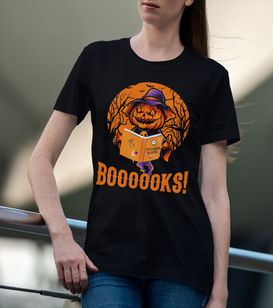 BOOOOKS Halloween Magic Pumpkin Reading Spooky Trees T-Shirt
