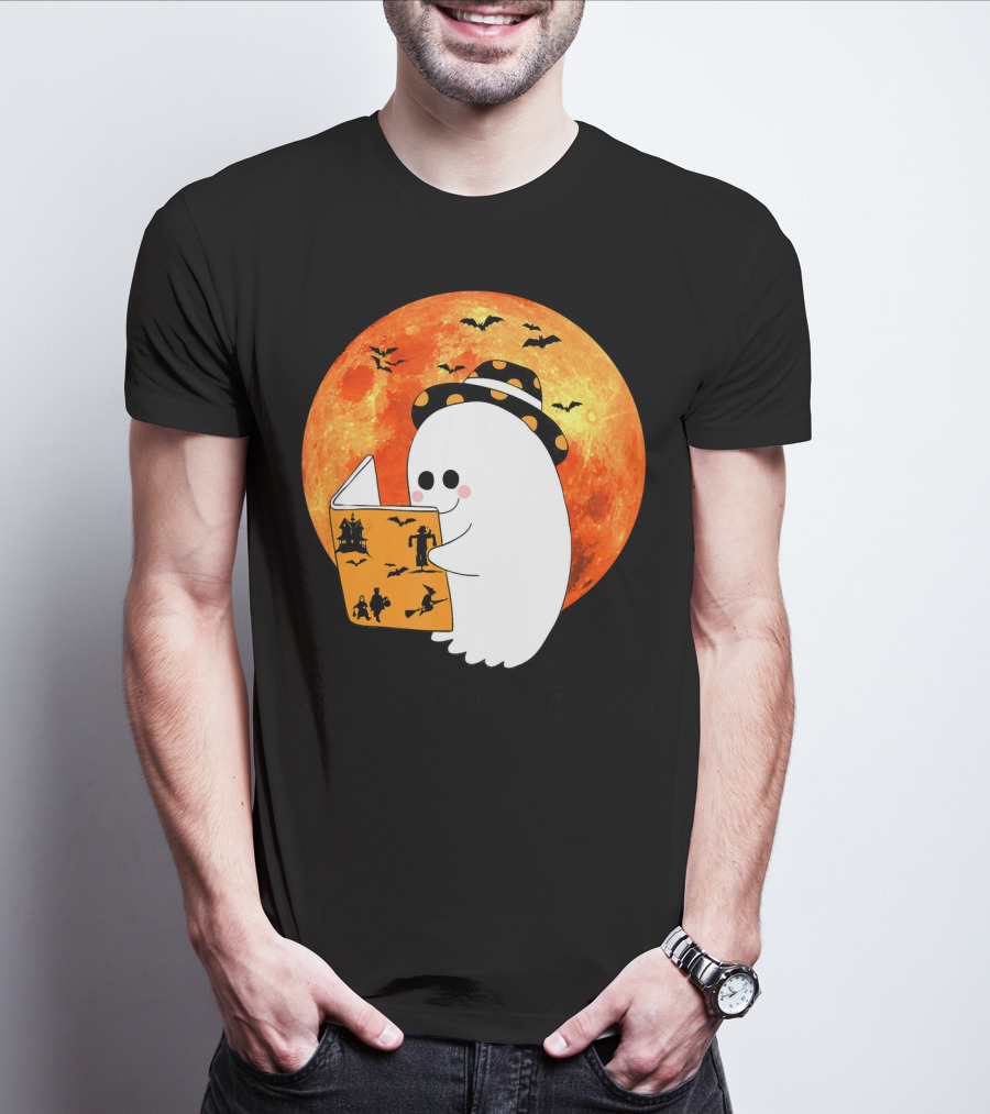 Halloween Ghost Reading Boo Books With Orange Moon And Bats T-Shirt