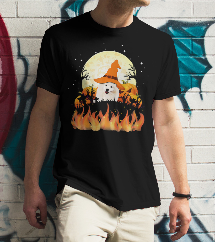 American Eskimo Dog Halloween Witch Moon Pumpkins Flames T-Shirt
