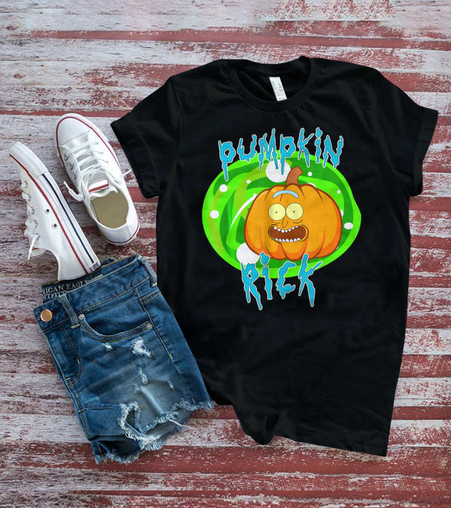 Pumpkin Rick Halloween Parody With Green Portal And Cartoon Face T-Shirt