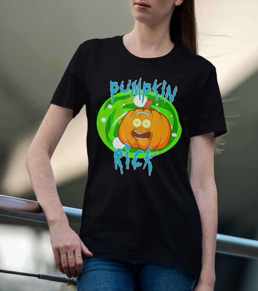 Pumpkin Rick Halloween Parody With Green Portal And Cartoon Face T-Shirt