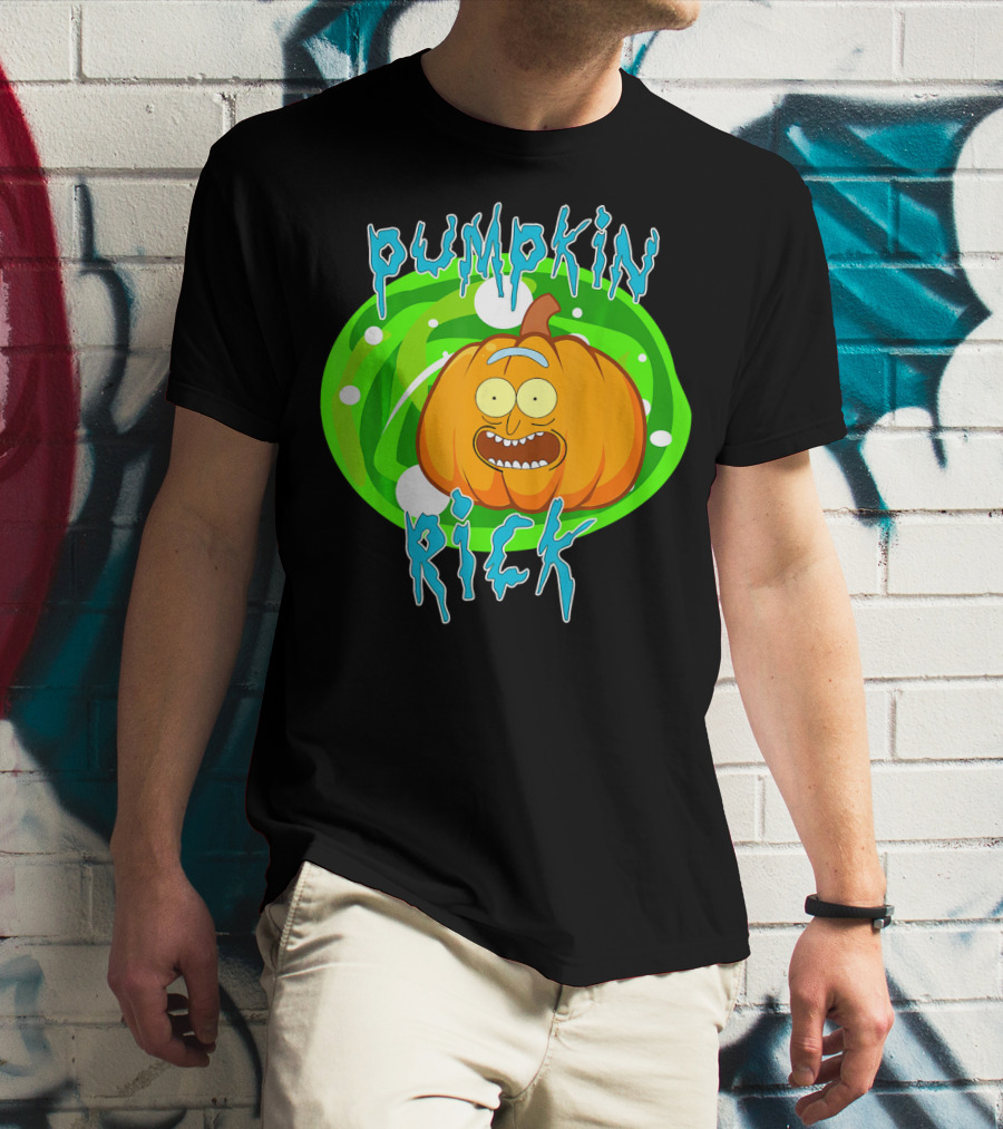 Pumpkin Rick Halloween Parody With Green Portal And Cartoon Face T-Shirt