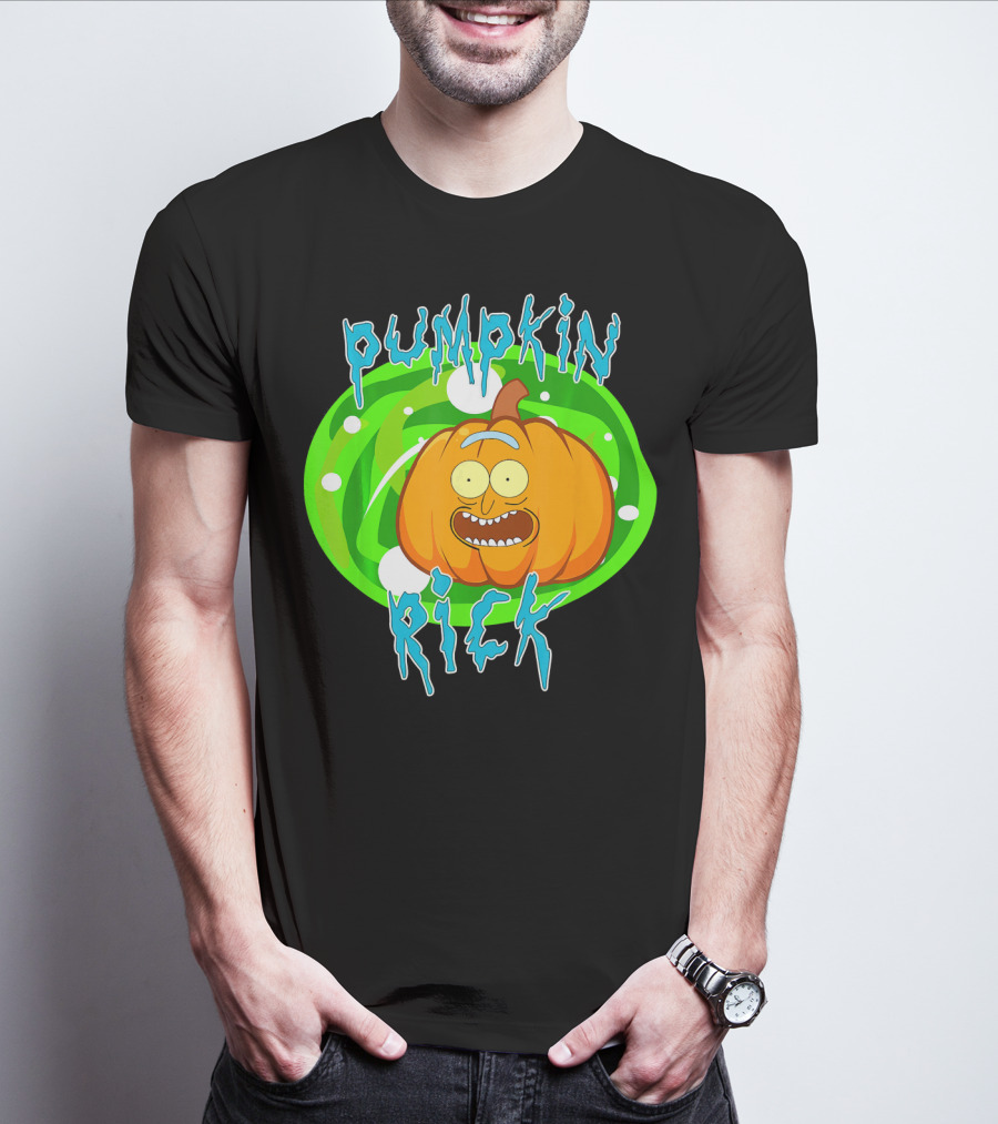 Pumpkin Rick Halloween Parody With Green Portal And Cartoon Face T-Shirt