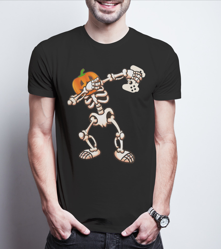 Halloween Dabbing Skeleton Pumpkin Head Video Game Controller T-Shirt