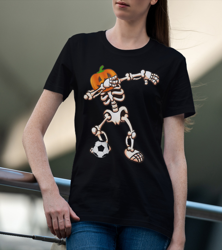Funny Halloween Dabbing Skeleton Pumpkin Head With Soccer Ball T-Shirt