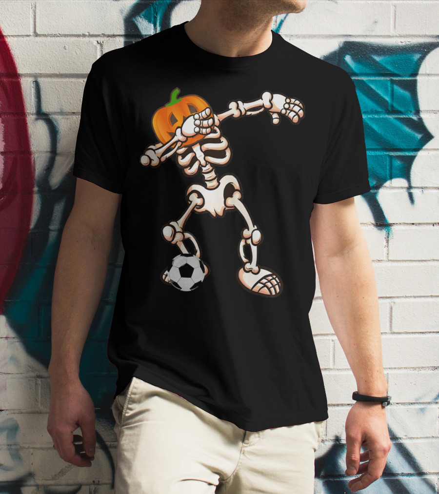 Funny Halloween Dabbing Skeleton Pumpkin Head With Soccer Ball T-Shirt