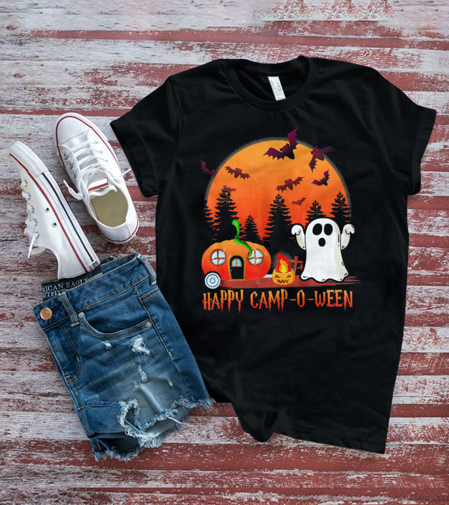 Happy Camp O Ween Funny Pumpkin Boo Ghost Moon With Bat Silhouette In Spooky Forest T-Shirt