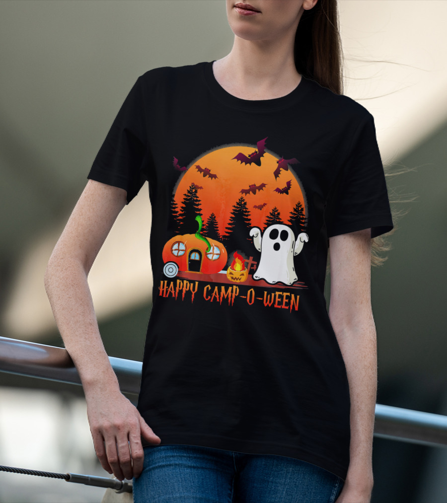 Happy Camp O Ween Funny Pumpkin Boo Ghost Moon With Bat Silhouette In Spooky Forest T-Shirt