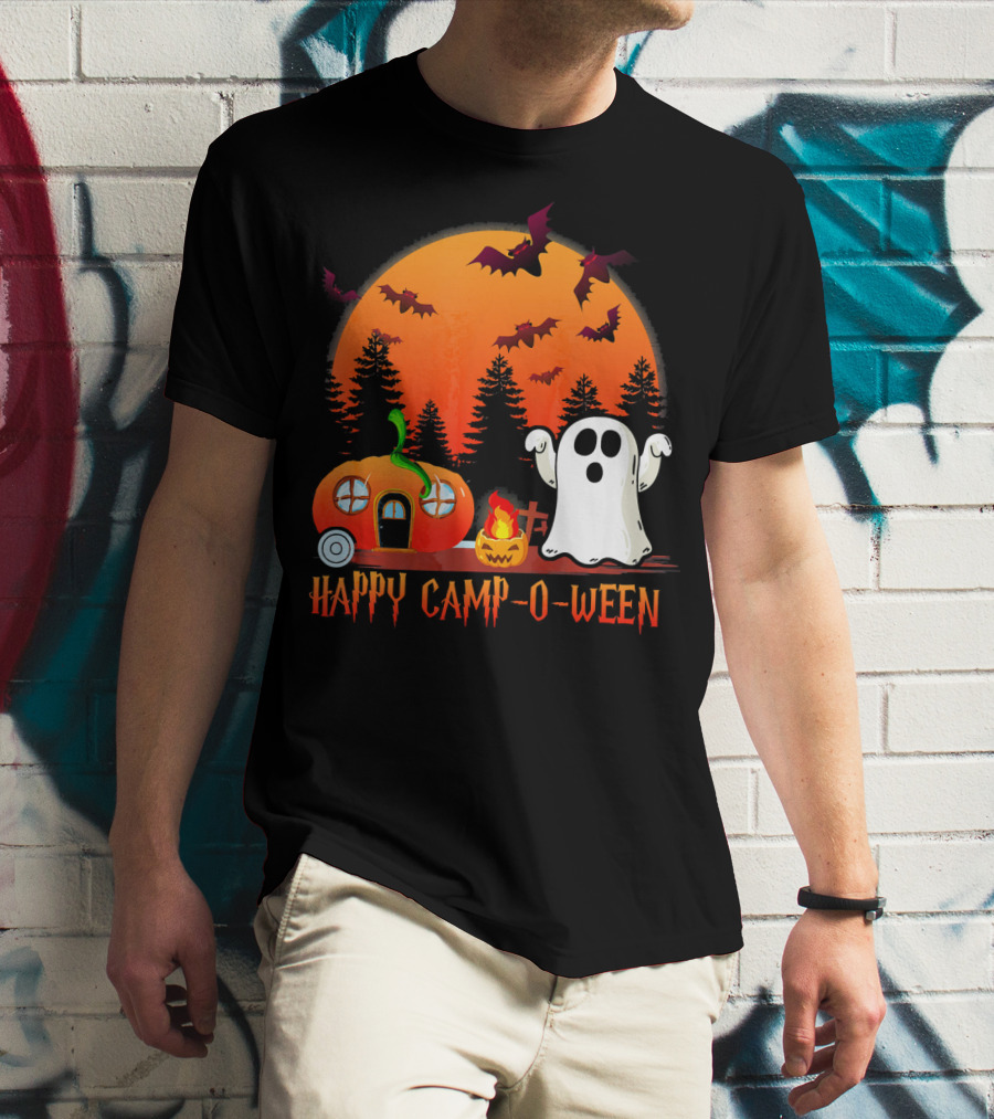 Happy Camp O Ween Funny Pumpkin Boo Ghost Moon With Bat Silhouette In Spooky Forest T-Shirt