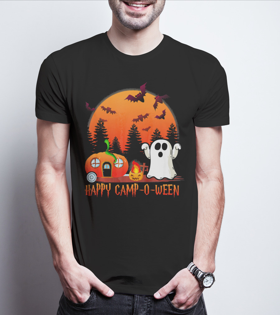 Happy Camp O Ween Funny Pumpkin Boo Ghost Moon With Bat Silhouette In Spooky Forest T-Shirt