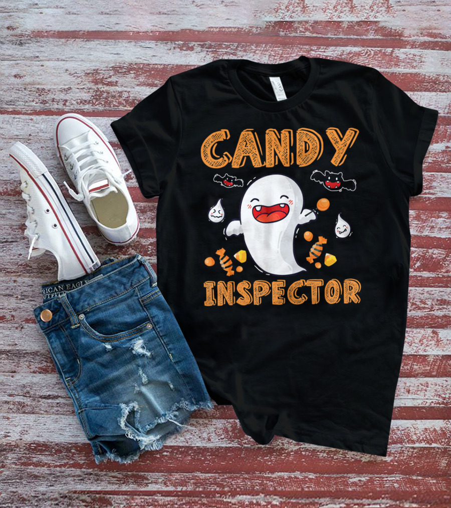 Candy Inspector Ghost Halloween Co Spooky Fun With Bats And Sweets T-Shirt