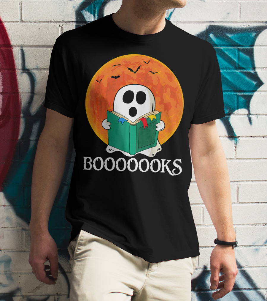 Funny Halloween Booooks Cute Ghost Reading With Full Moon And Bats T-Shirt